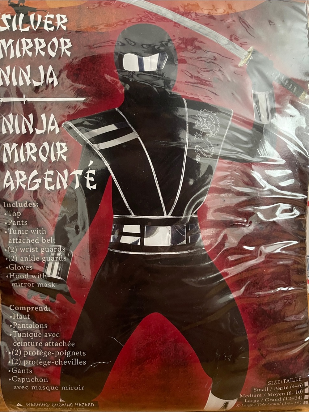 Silver Mirror Ninja Kids Costume - Black & Silver Size XL 14-16